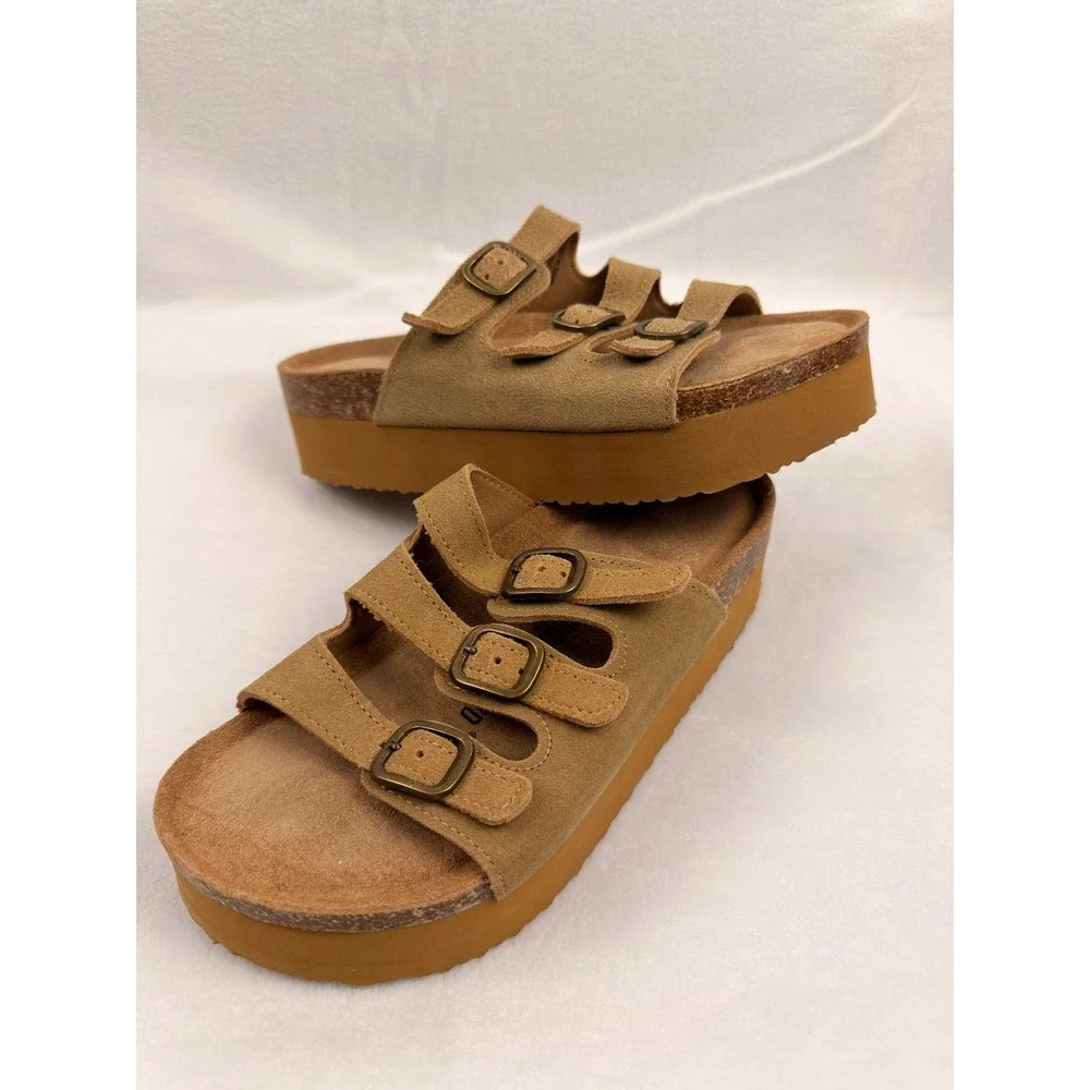 Project Cloud Tan Suede Platform Slide Sandals Triple Buckle Memory Foam US 7